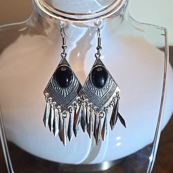 Antique Silver Rhinestone Inlaid Black Turquoise Tassel Earrings, Double-layer P - Picture 3 of 10